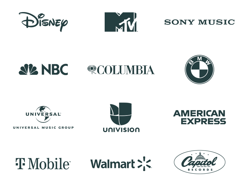 Magic Seed - Selected Clients (1 of 2), including logos for Disney, MTV, Sony Music, NBC, Columbia Records, BMW, Universal Music Group, Univision, American Express, T-Mobile, Walmart and Capitol Records.